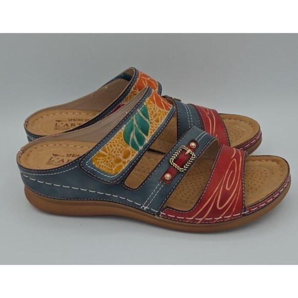 NWOB L'Artiste Spring Step Floral Multicolored Leather Wedge Sandal Size 40 US 9 - Picture 6 of 8
